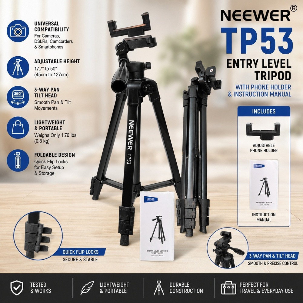 Neewer TP53 Entry Level Tripod Black 50 Inch with Phone Holder and Manual